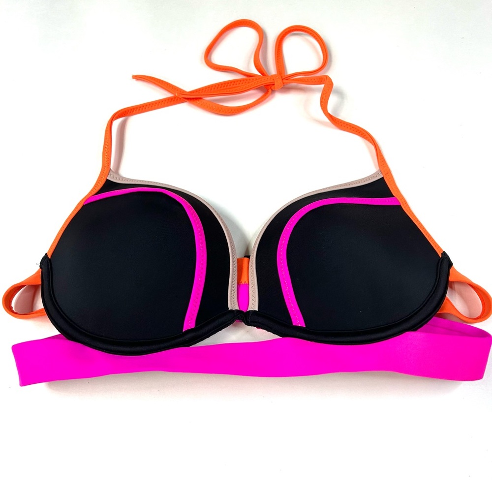 Y2K Victorias Secret 34B Hottie Halter Bikini Top Pushup Black Pink Orange #1351
